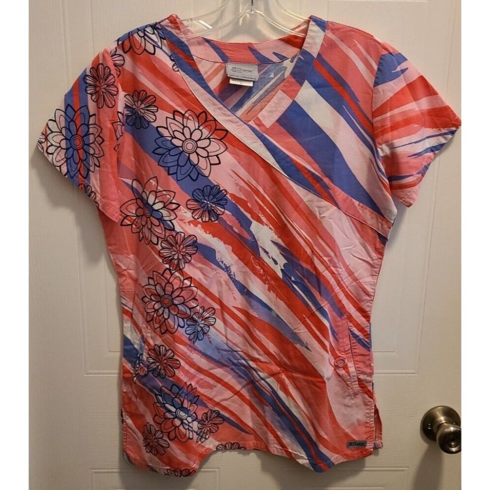 Grey's Anatomy Women's Short Sleeve Mock Wrap V Neck Scrub Top Floral 41351 Sz S